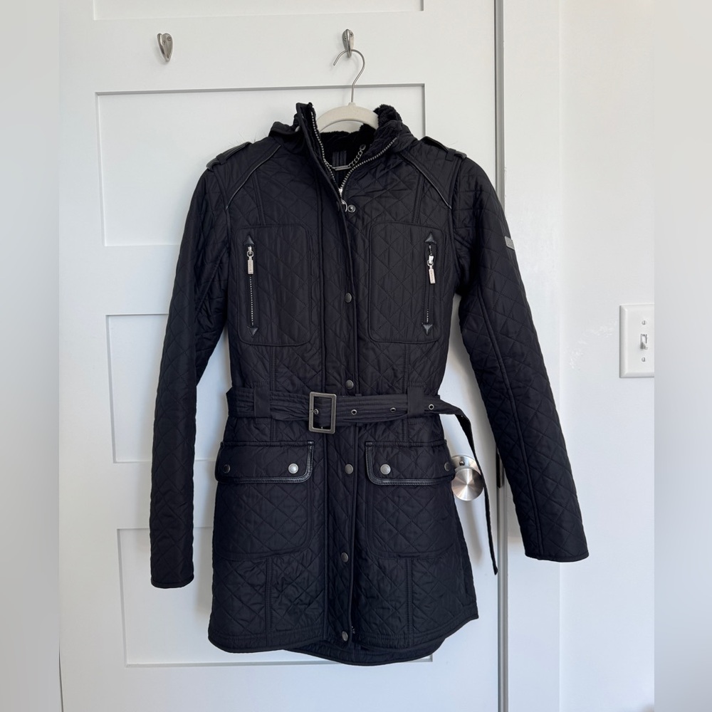 Barbour Black Quilted Jacket with Patches and belt size 6